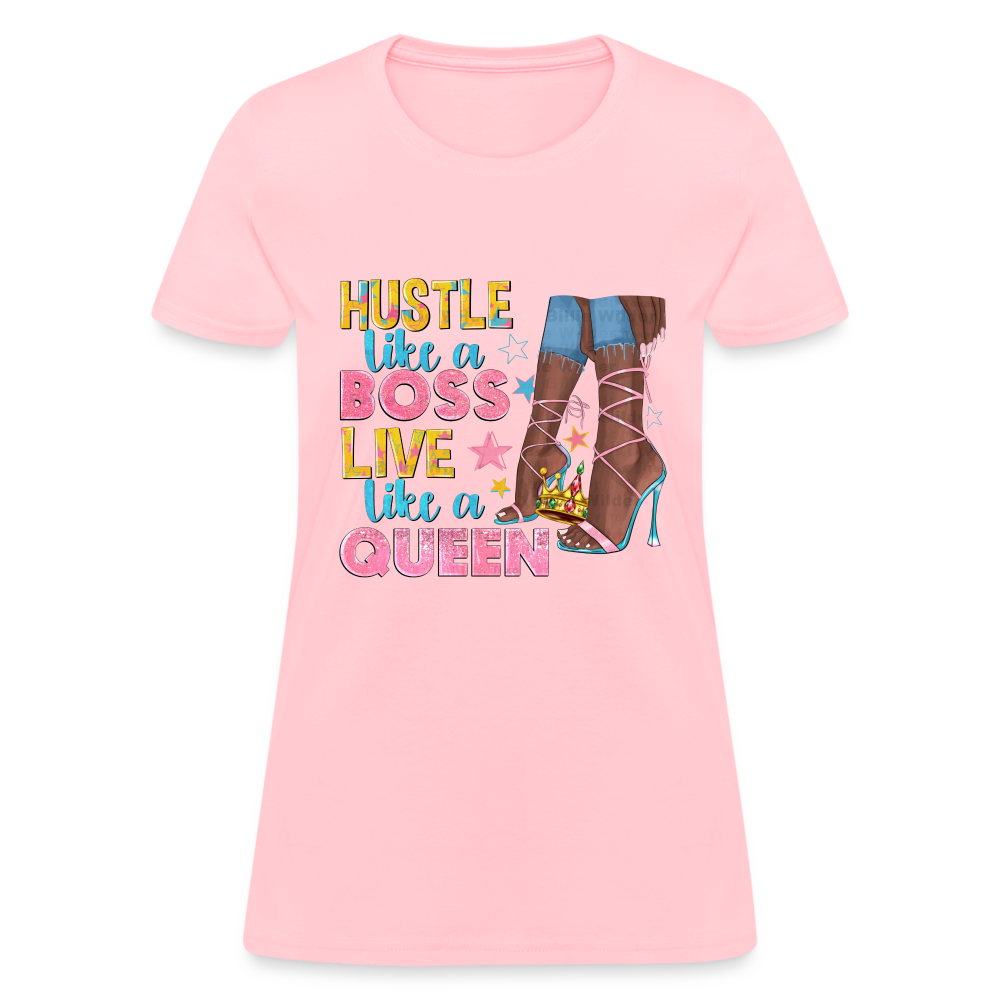 Women's V-Neck Hustle Like a Boss Print T Shirt - pink