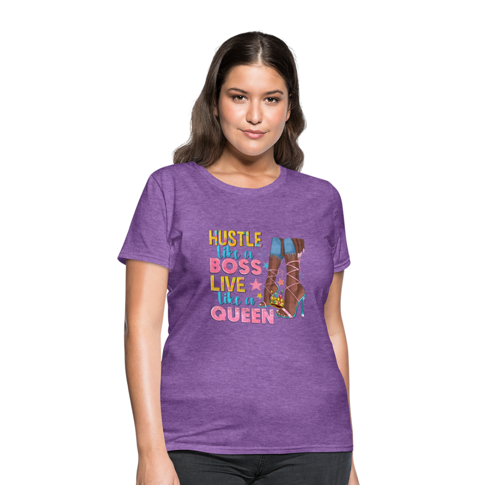 Women's V-Neck Hustle Like a Boss Print T Shirt - purple heather