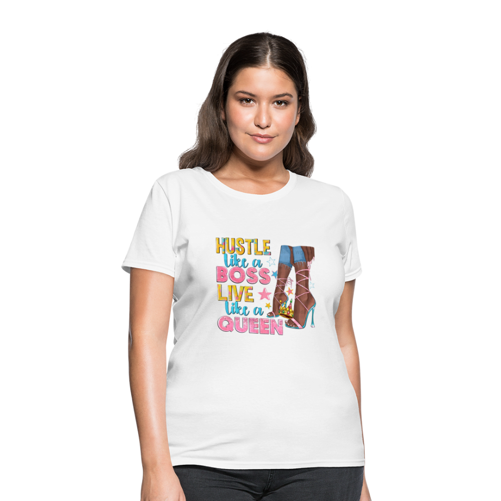 Women's V-Neck Hustle Like a Boss Print T Shirt - white