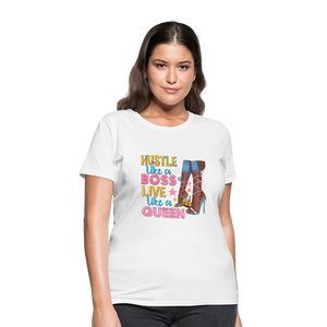 Women's V-Neck Hustle Like a Boss Print T Shirt - white