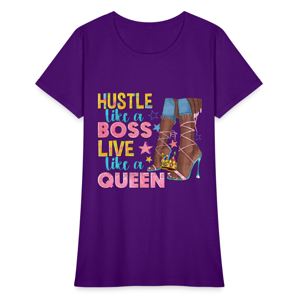 Women's V-Neck Hustle Like a Boss Print T Shirt - purple