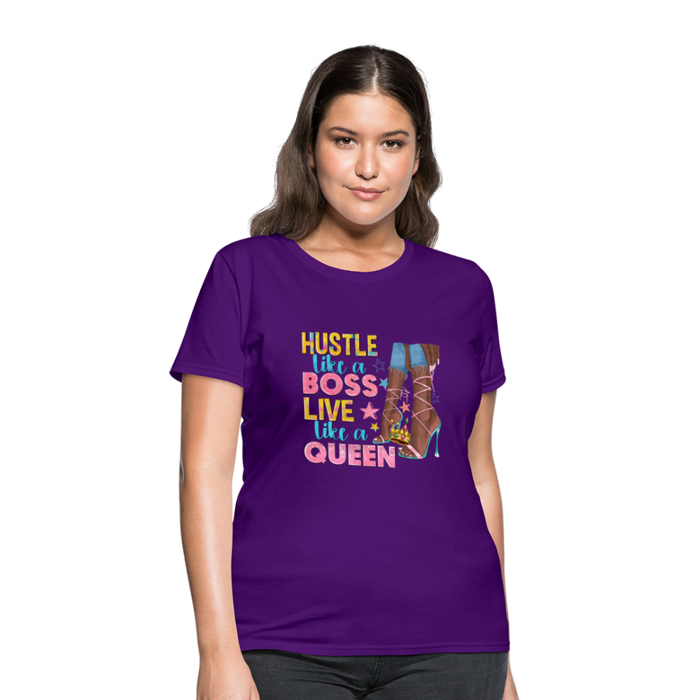 Women's V-Neck Hustle Like a Boss Print T Shirt - purple