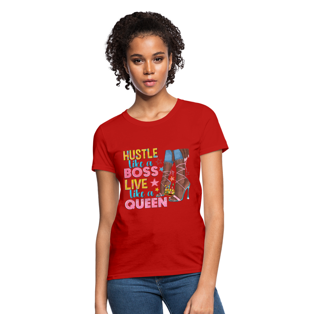 Women's V-Neck Hustle Like a Boss Print T Shirt - red