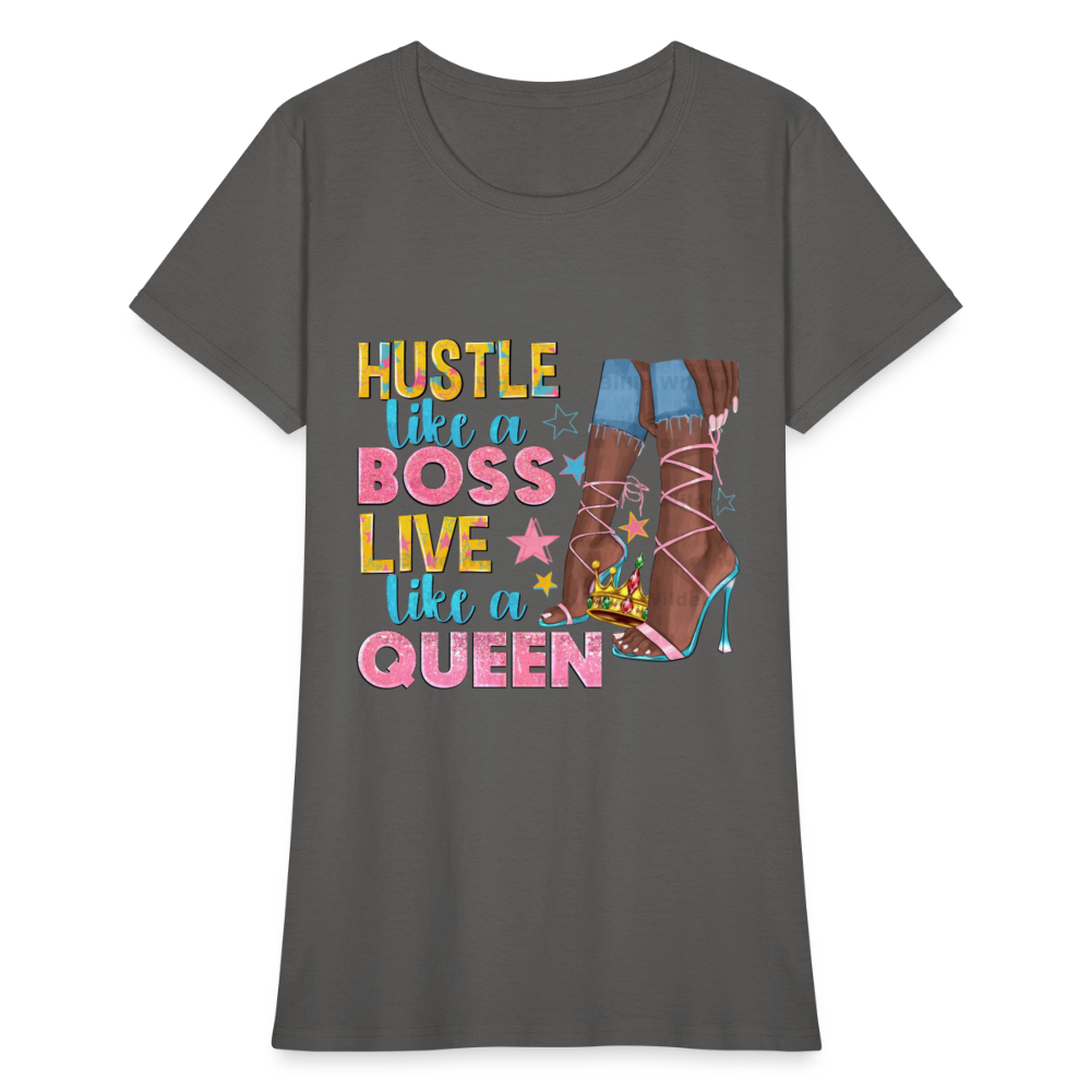 Women's V-Neck Hustle Like a Boss Print T Shirt - charcoal