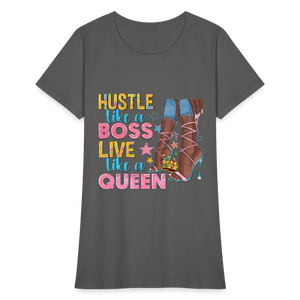 Women's V-Neck Hustle Like a Boss Print T Shirt - charcoal