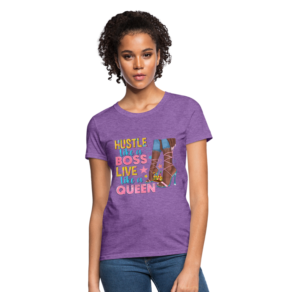 Women's V-Neck Hustle Like a Boss Print T Shirt - purple heather