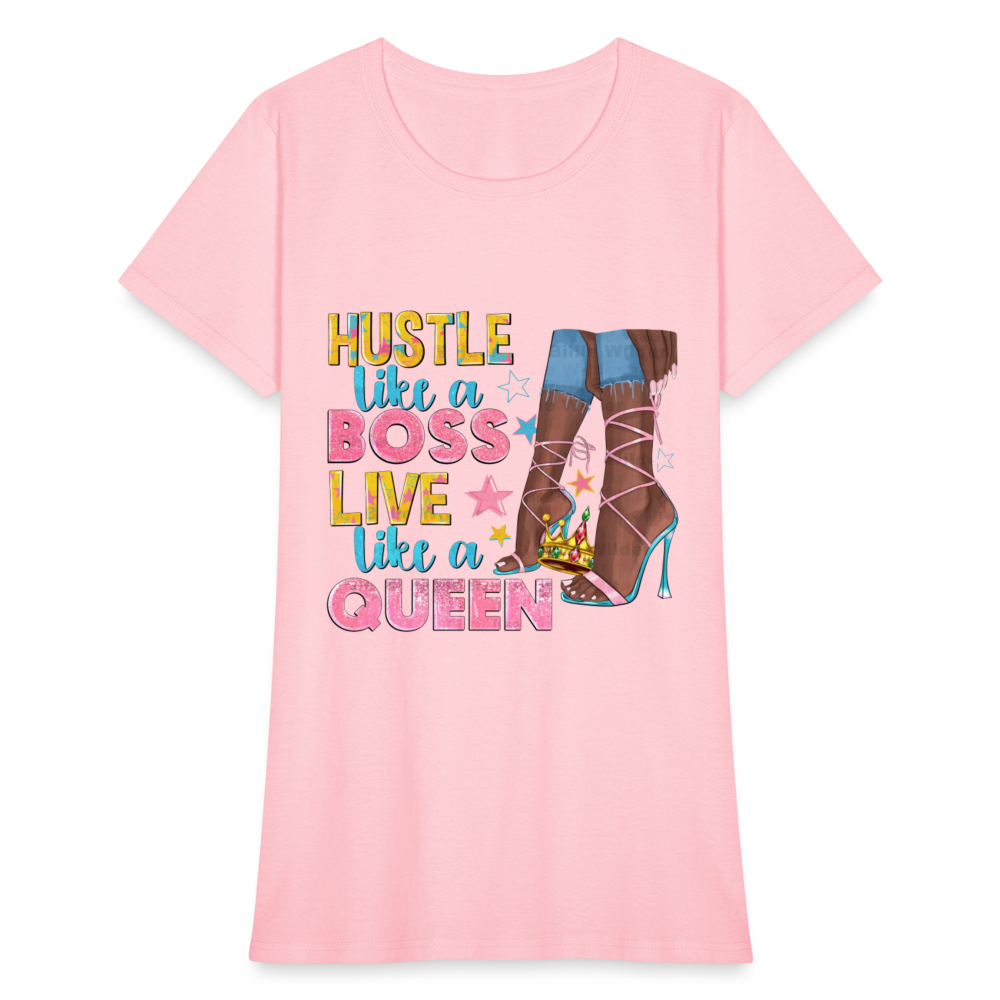 Women's V-Neck Hustle Like a Boss Print T Shirt - pink