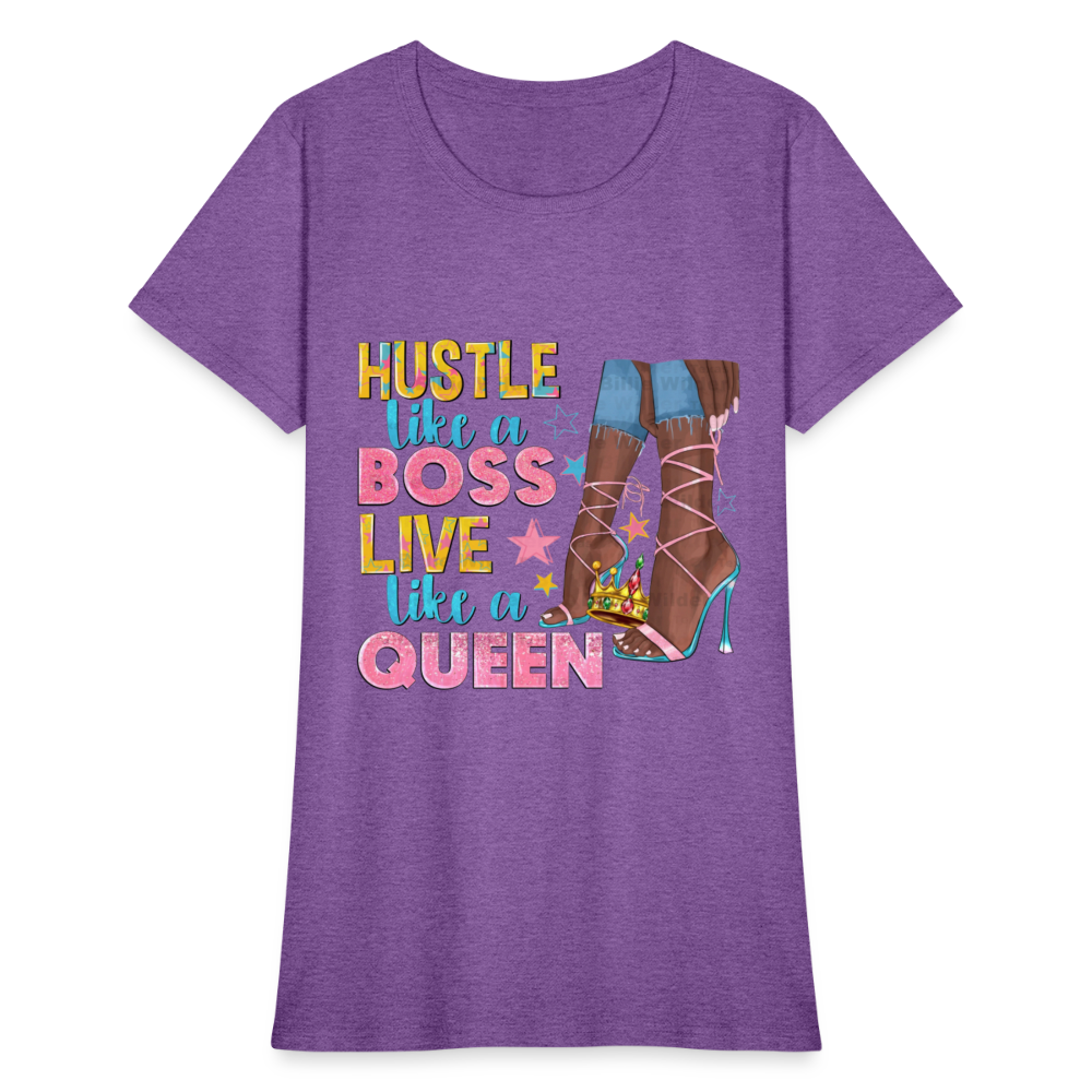 Women's V-Neck Hustle Like a Boss Print T Shirt - purple heather