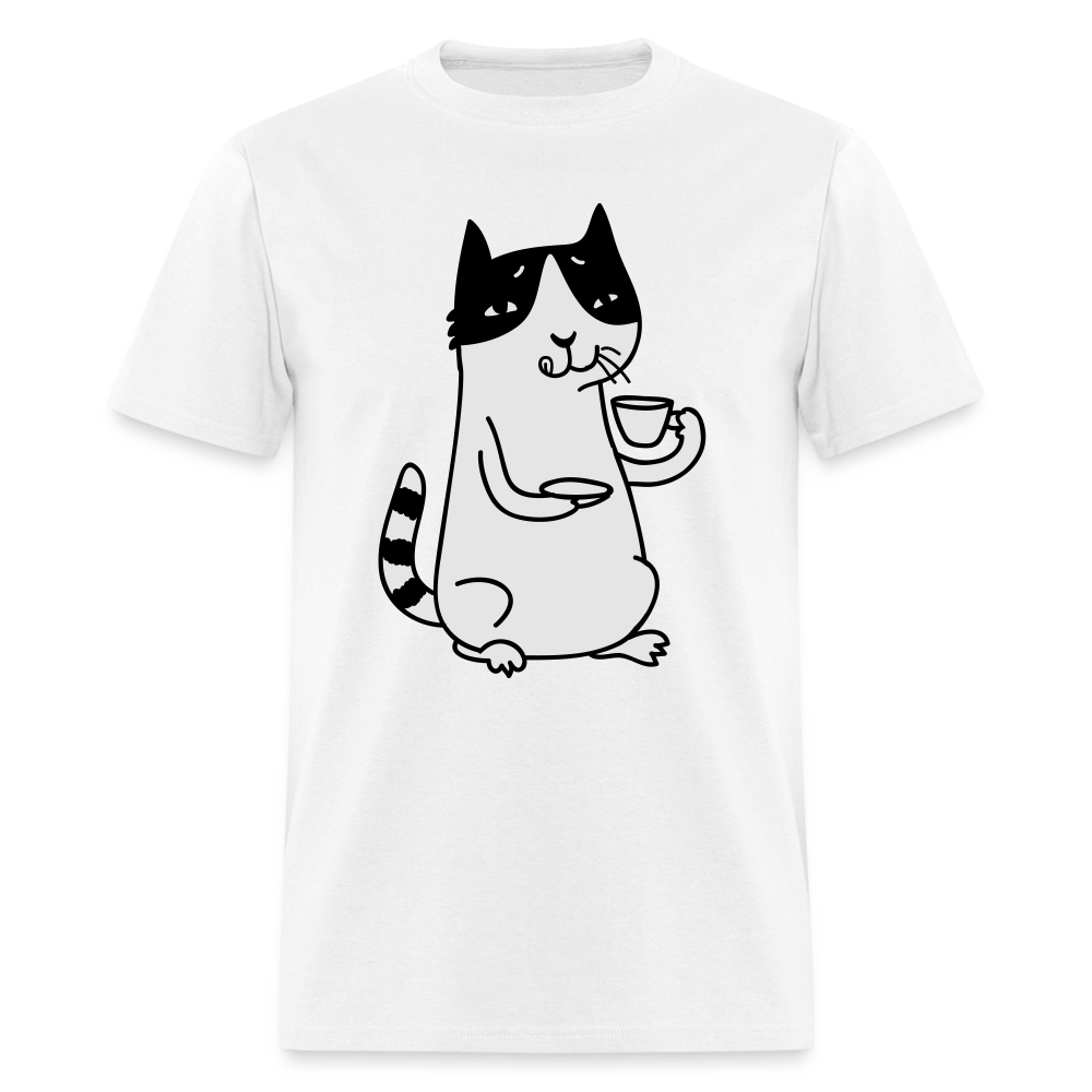 Unisex Adult Cat Drinking Coffee Print T Shirt - white