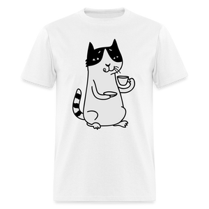 Unisex Adult Cat Drinking Coffee Print T Shirt - white