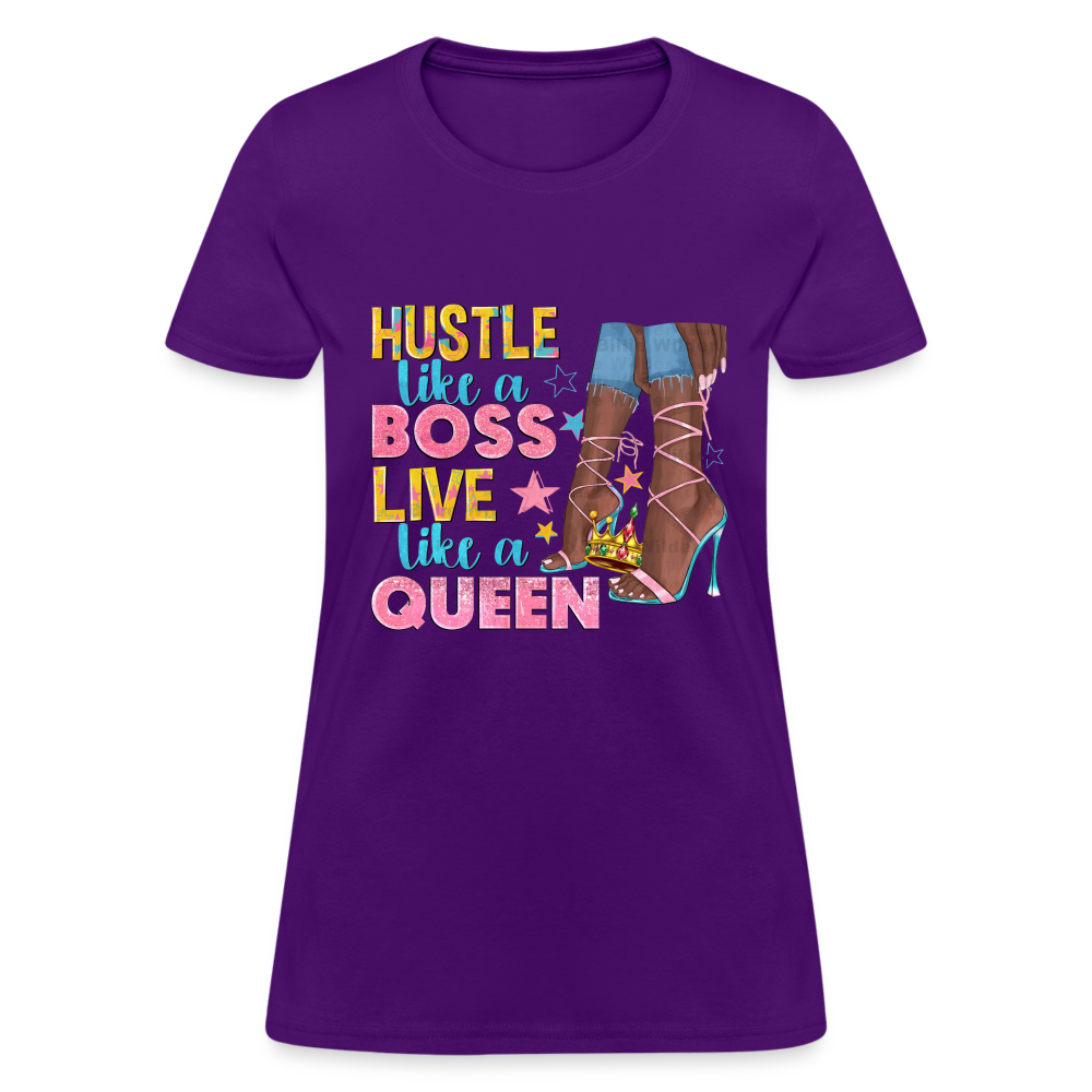 Women's V-Neck Hustle Like a Boss Print T Shirt - purple