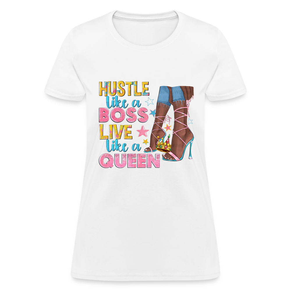 Women's V-Neck Hustle Like a Boss Print T Shirt - white