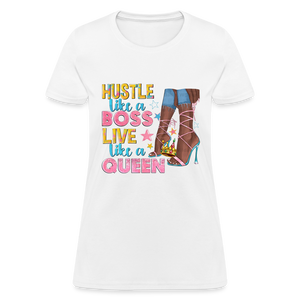 Women's V-Neck Hustle Like a Boss Print T Shirt - white