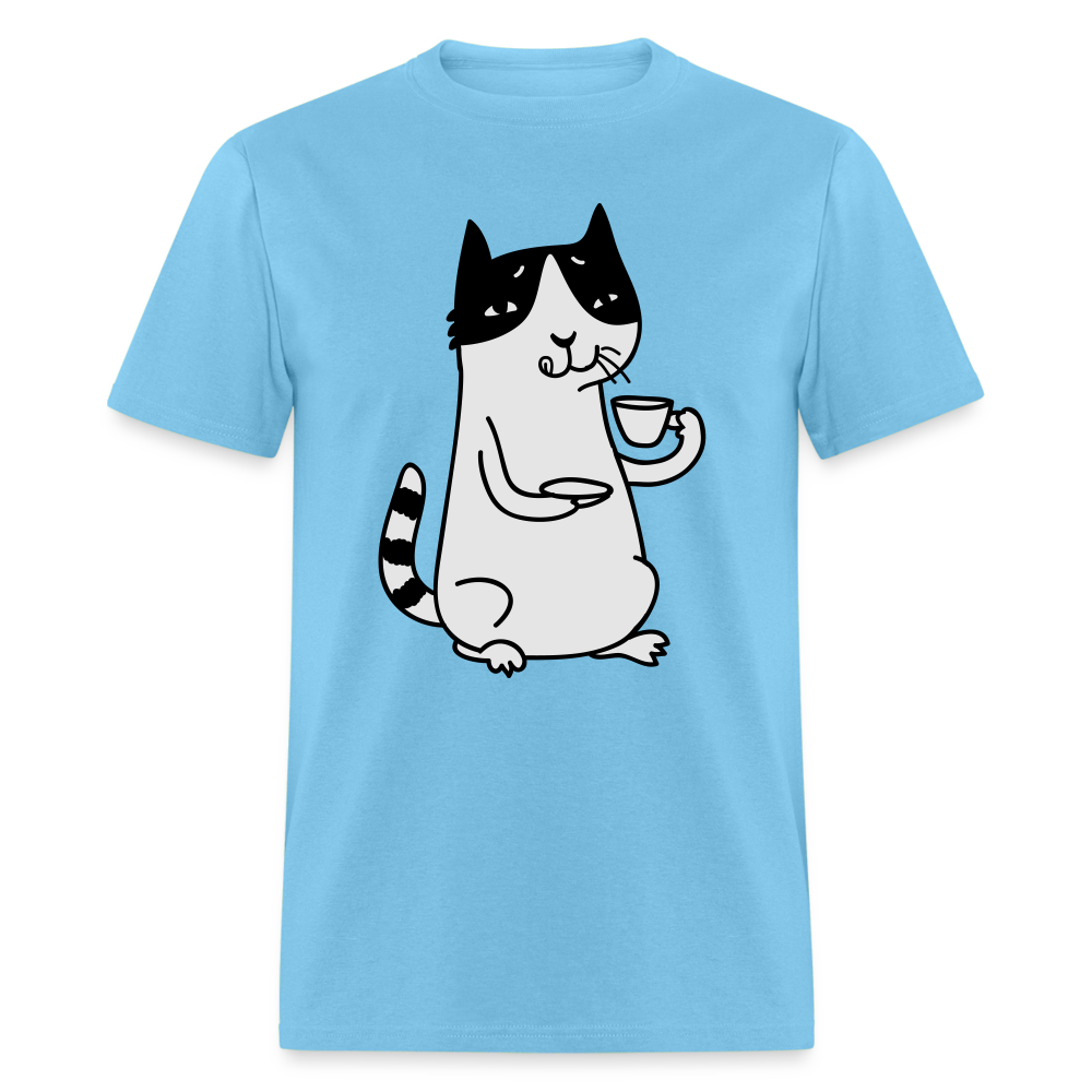 Unisex Adult Cat Drinking Coffee Print T Shirt - aquatic blue