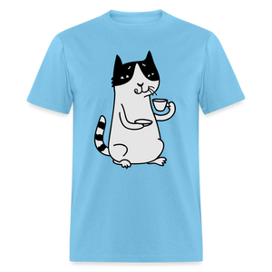 Unisex Adult Cat Drinking Coffee Print T Shirt - aquatic blue