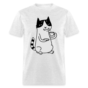 Unisex Adult Cat Drinking Coffee Print T Shirt - light heather gray