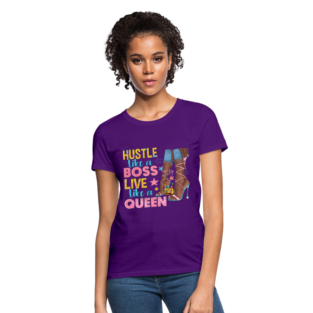 Women's V-Neck Hustle Like a Boss Print T Shirt - purple