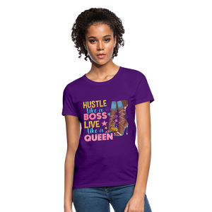 Women's V-Neck Hustle Like a Boss Print T Shirt - purple