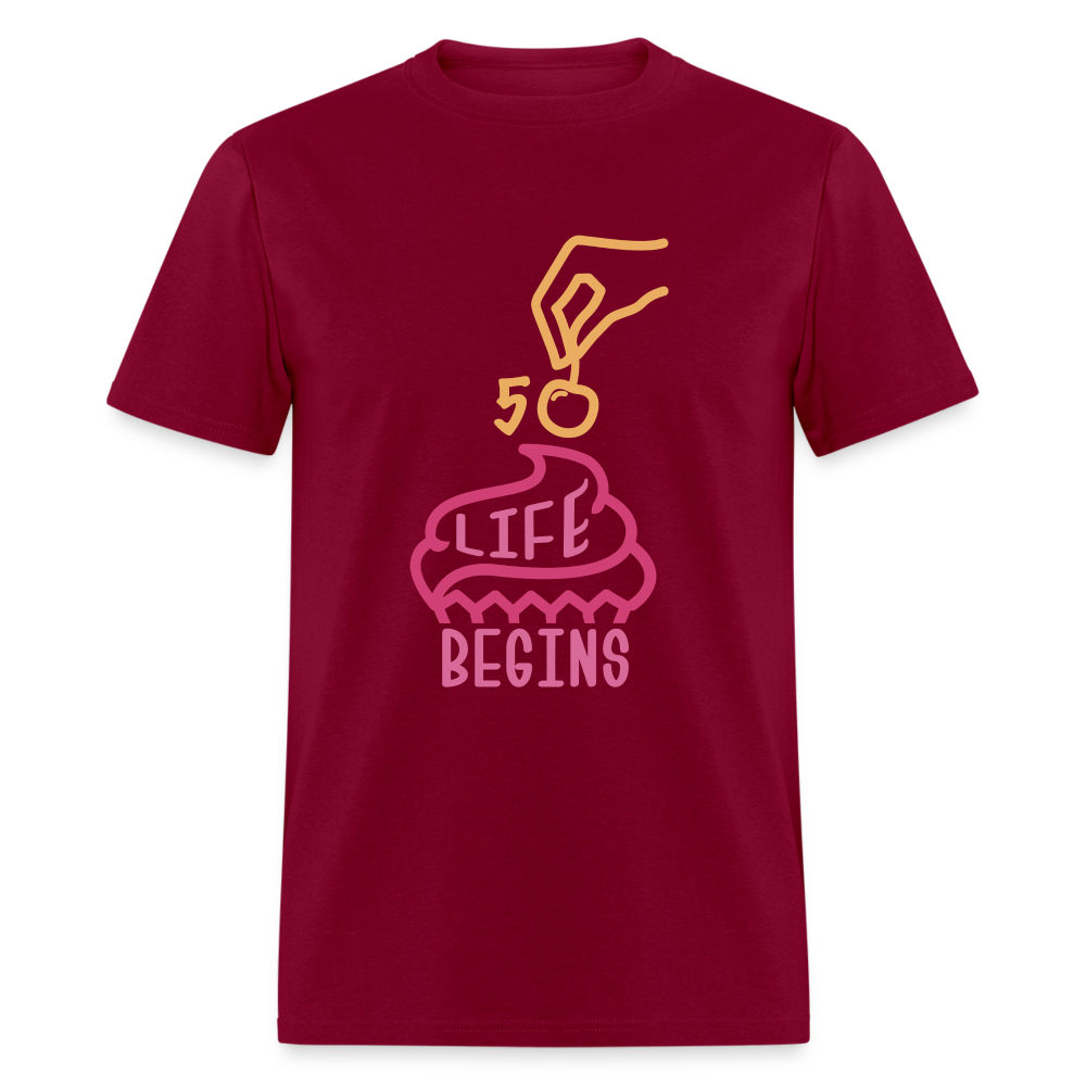 Unisex 50 Life Begins Print T Shirt - burgundy