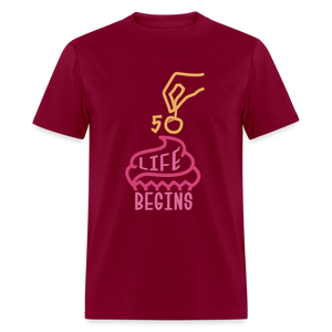 Unisex 50 Life Begins Print T Shirt - burgundy