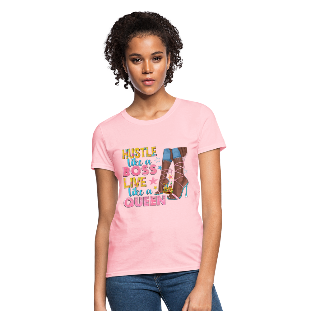 Women's V-Neck Hustle Like a Boss Print T Shirt - pink