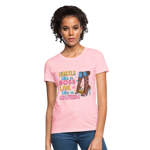 Women's V-Neck Hustle Like a Boss Print T Shirt - pink