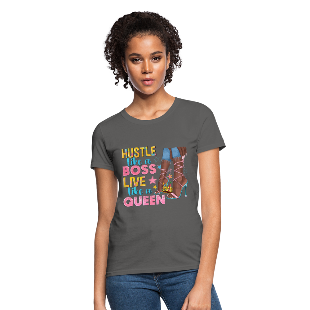 Women's V-Neck Hustle Like a Boss Print T Shirt - charcoal