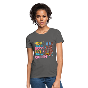 Women's V-Neck Hustle Like a Boss Print T Shirt - charcoal