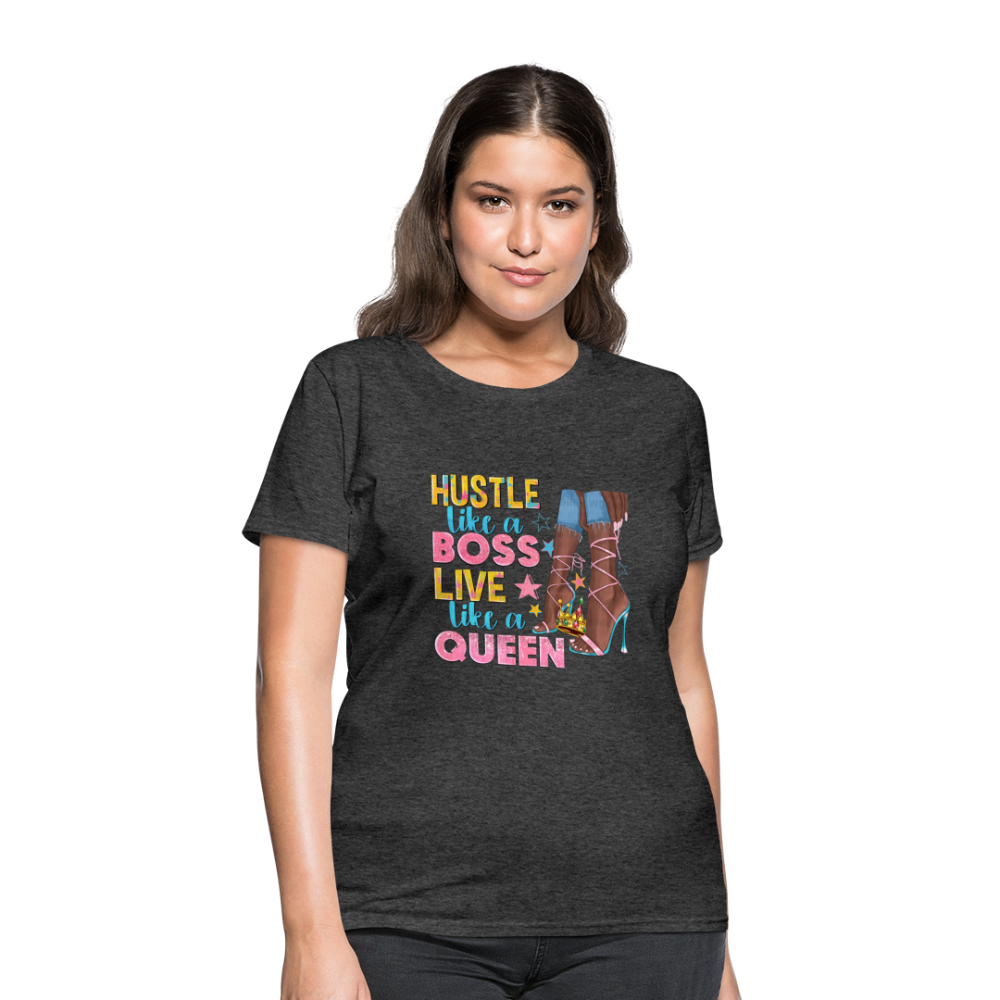 Women's V-Neck Hustle Like a Boss Print T Shirt - heather black