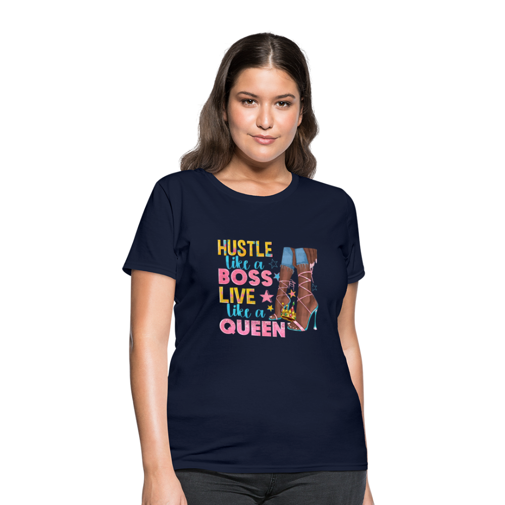 Women's V-Neck Hustle Like a Boss Print T Shirt - navy