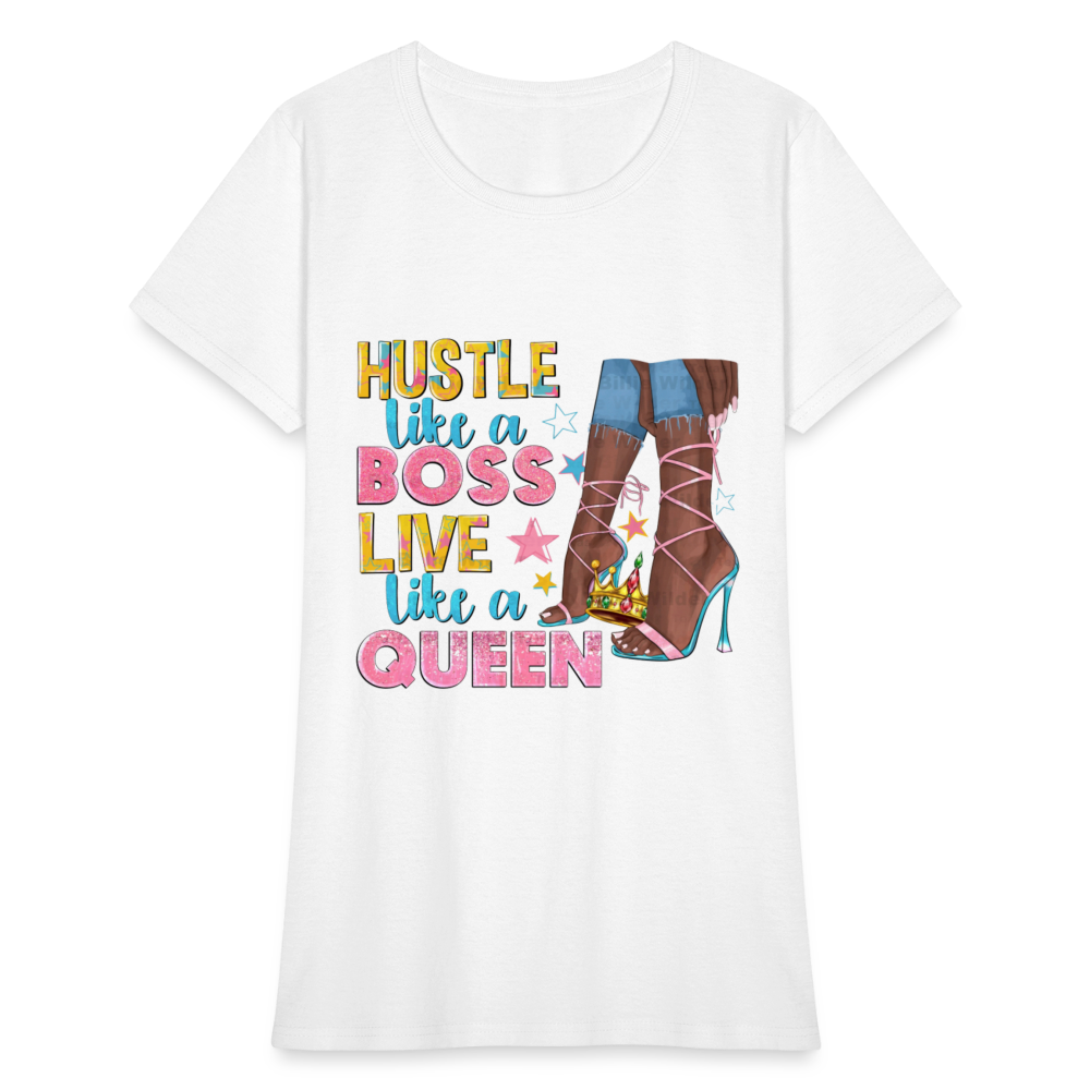 Women's V-Neck Hustle Like a Boss Print T Shirt - white