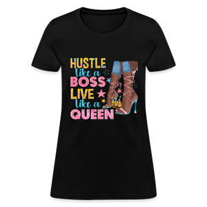 Women's V-Neck Hustle Like a Boss Print T Shirt - black