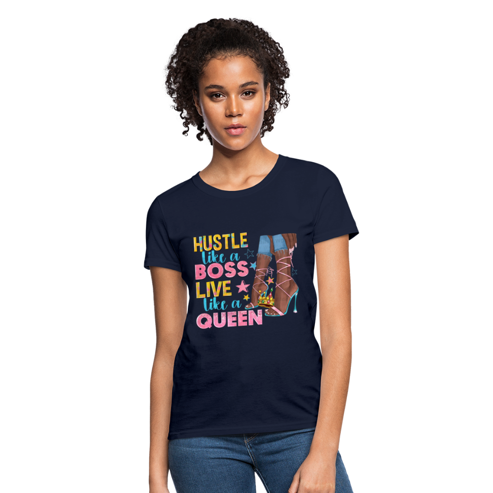 Women's V-Neck Hustle Like a Boss Print T Shirt - navy