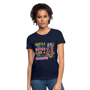 Women's V-Neck Hustle Like a Boss Print T Shirt - navy