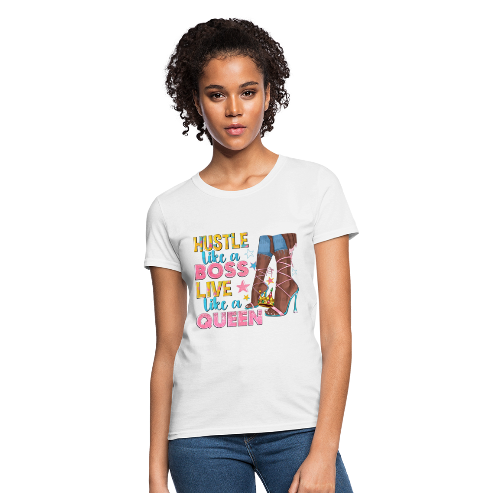 Women's V-Neck Hustle Like a Boss Print T Shirt - white