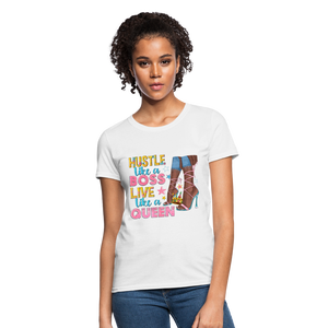 Women's V-Neck Hustle Like a Boss Print T Shirt - white