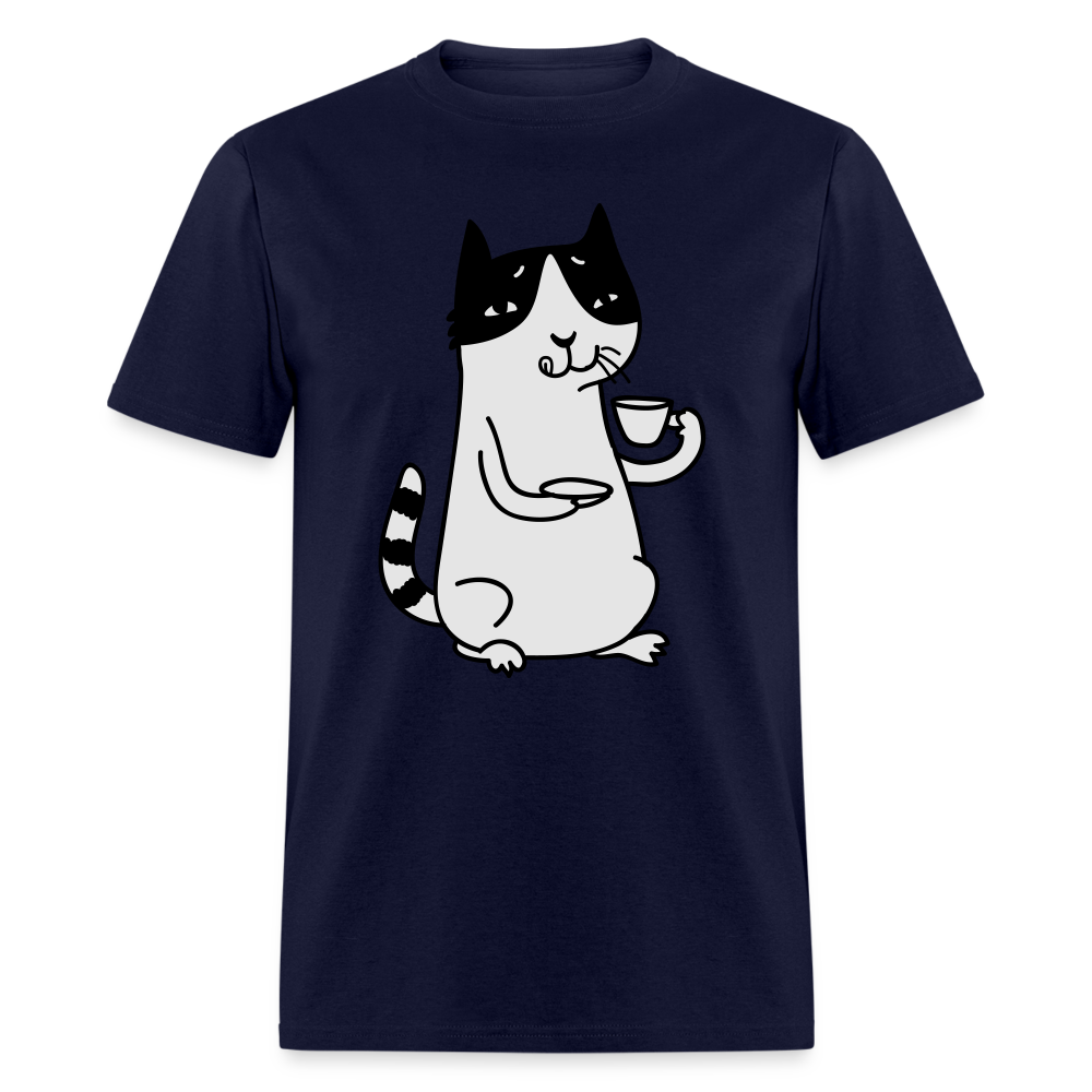 Unisex Adult Cat Drinking Coffee Print T Shirt - navy