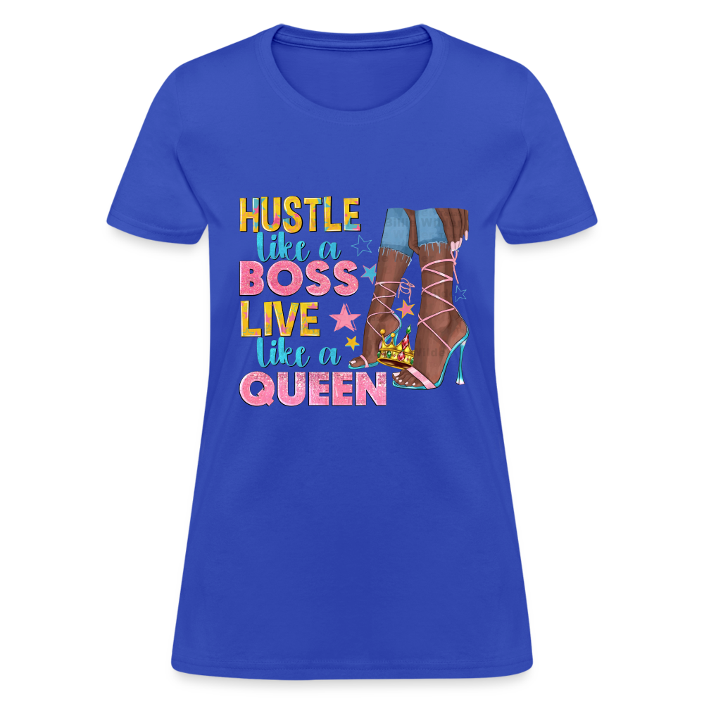 Women's V-Neck Hustle Like a Boss Print T Shirt - royal blue