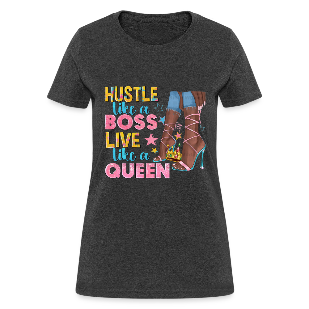 Women's V-Neck Hustle Like a Boss Print T Shirt - heather black