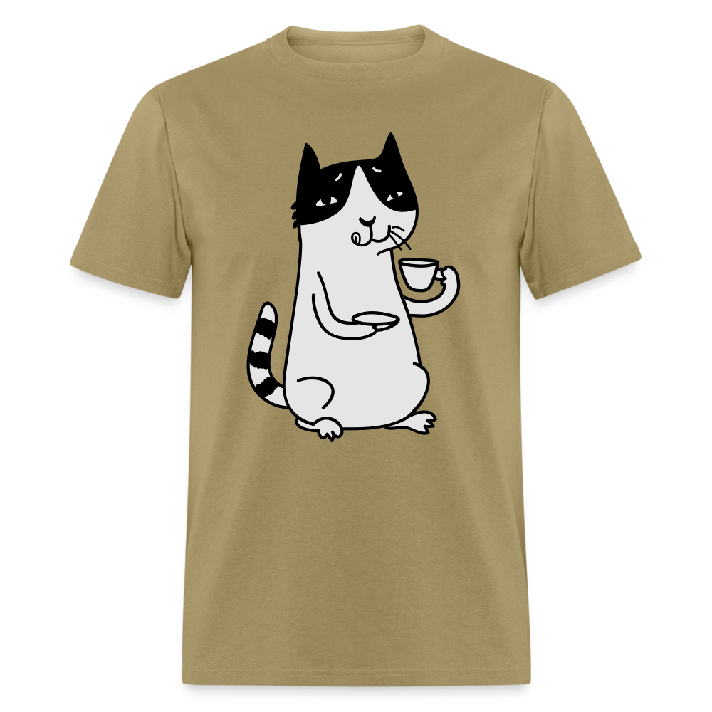 Unisex Adult Cat Drinking Coffee Print T Shirt - khaki