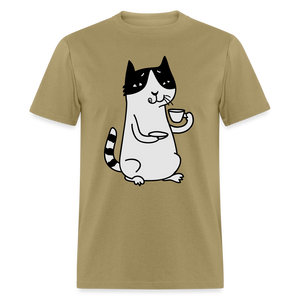 Unisex Adult Cat Drinking Coffee Print T Shirt - khaki