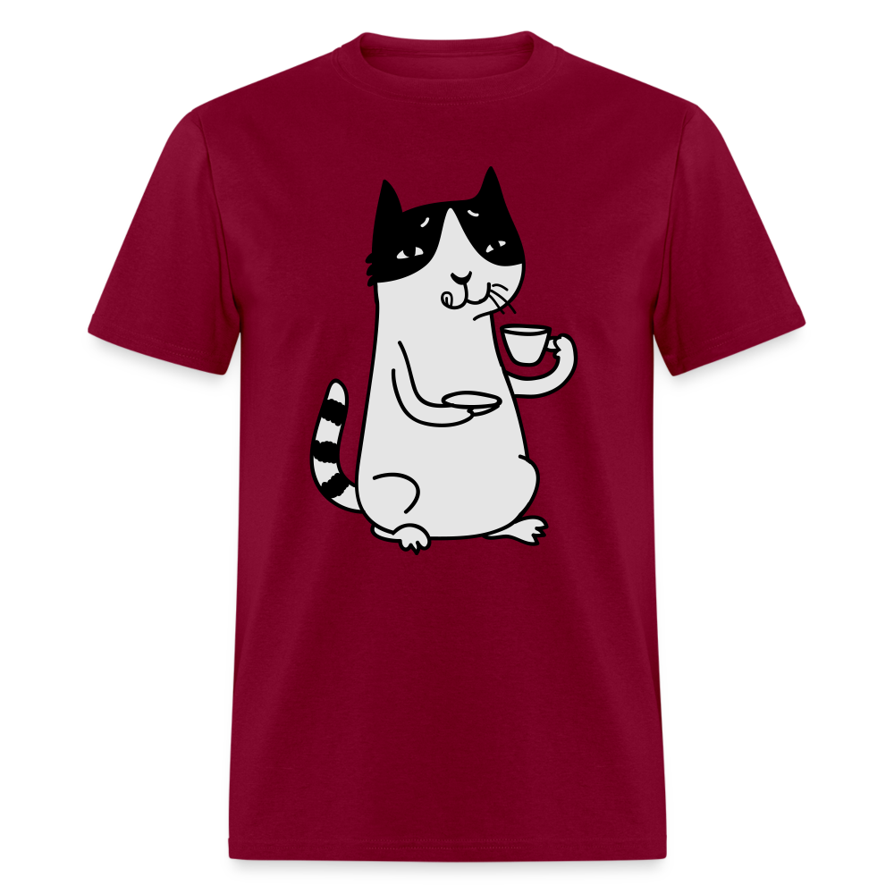 Unisex Adult Cat Drinking Coffee Print T Shirt - burgundy