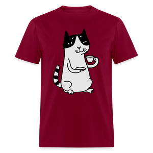 Unisex Adult Cat Drinking Coffee Print T Shirt - burgundy