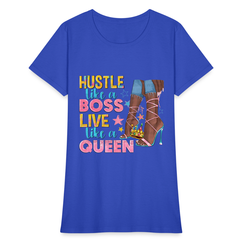 Women's V-Neck Hustle Like a Boss Print T Shirt - royal blue