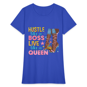 Women's V-Neck Hustle Like a Boss Print T Shirt - royal blue