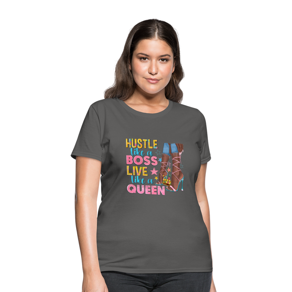 Women's V-Neck Hustle Like a Boss Print T Shirt - charcoal