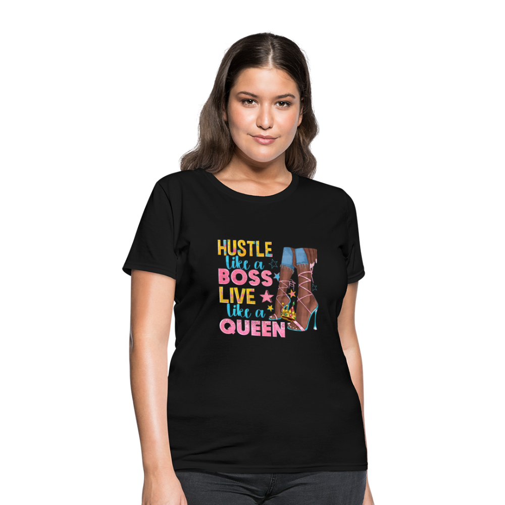 Women's V-Neck Hustle Like a Boss Print T Shirt - black