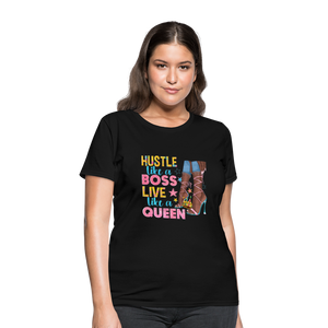 Women's V-Neck Hustle Like a Boss Print T Shirt - black