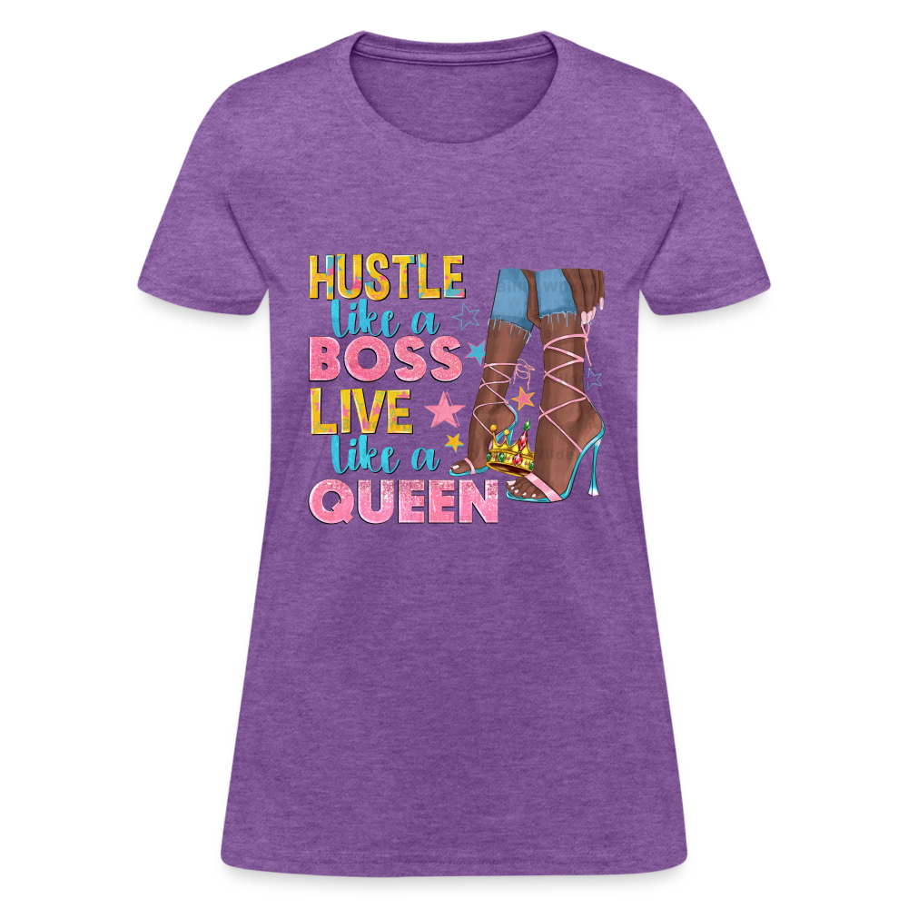 Women's V-Neck Hustle Like a Boss Print T Shirt - purple heather