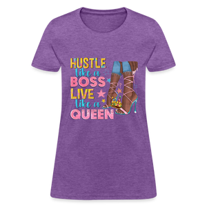 Women's V-Neck Hustle Like a Boss Print T Shirt - purple heather